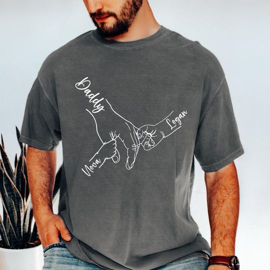Discover Comfort Colors Custom Dad Hand With Kid Names Tee, Holding Dad Fingers Shirt, Custom Kids Name Shirt, Fathers Day Gift, Gift For Papa