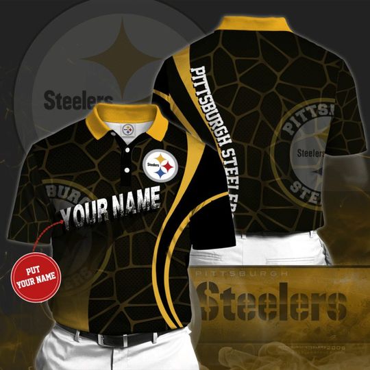 football Pittsburgh Steeler Custom Name Black Golden Curve Polo Shirt V2