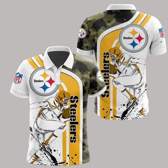 football Pittsburgh Steeler White Golden Camo Polo Shirt