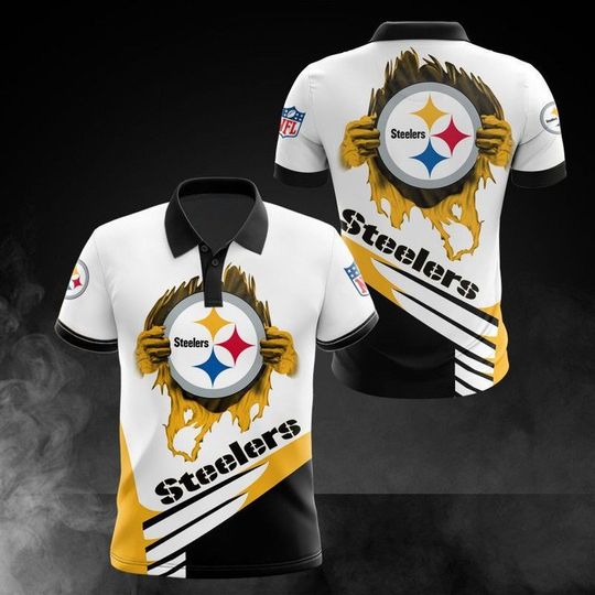 Discover football Pittsburgh Steeler White Golden Logo Polo Shirt