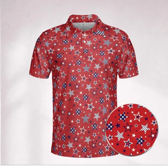 Discover Red USA Star Polo Shirt with Pattern, Golf and Team Uniform