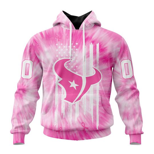 Discover football Houston Texans Custom Name Number Pink Tie-Dye Pullover Hoodie
