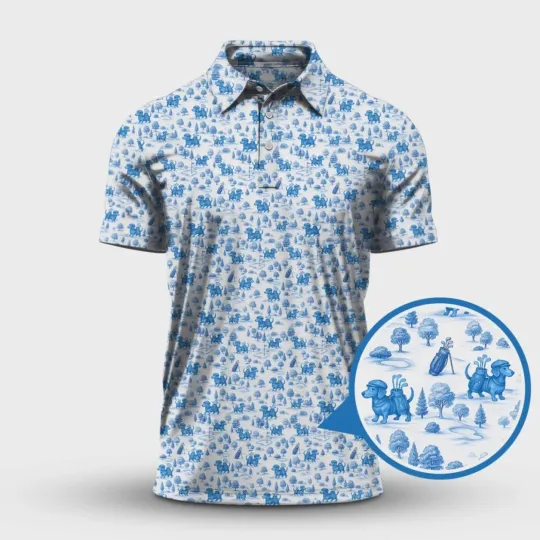 Dachshund Golf Polo Shirt Toile de Jouy Style for Dog Dad