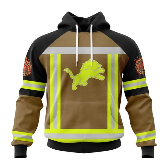Discover football Detroit Lions Custom Name Number Firefighter Uniform Pullover Hoodie