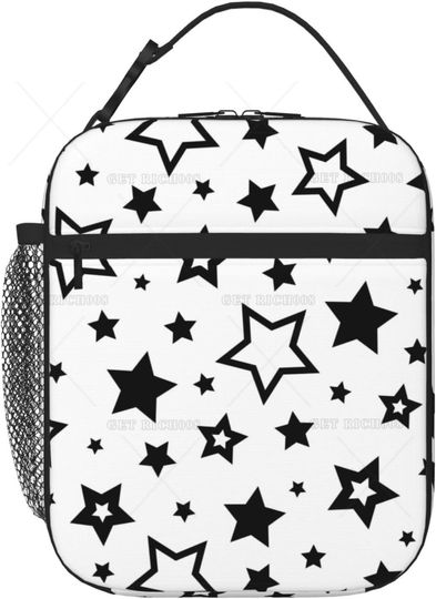 Discover Black Stars In White Portable Lunch Bag Insulated Lunch Box Reusable Totes for Women Men Work Picnic Camping One Size