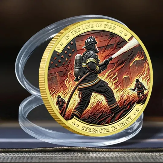 Discover Fire Brigade Gold Plated Commemorative Coin - Firefighter Bravery Challenge Coin