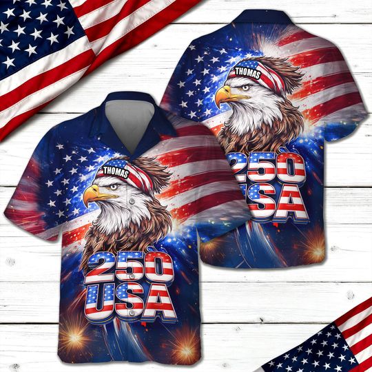 Personalized Name America 250 Eagle Patriotic Hawaii Shirt, 4th of July American, Independence Day Gift, 250 Years Independence Apparel