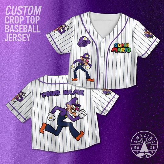 Custom Waluigi Crop Top Jersey, Nintendo Super Mario Baseball Jersey, Special Birthday Gift, Family Universal Trip Shirt, Gamer Gift For Her