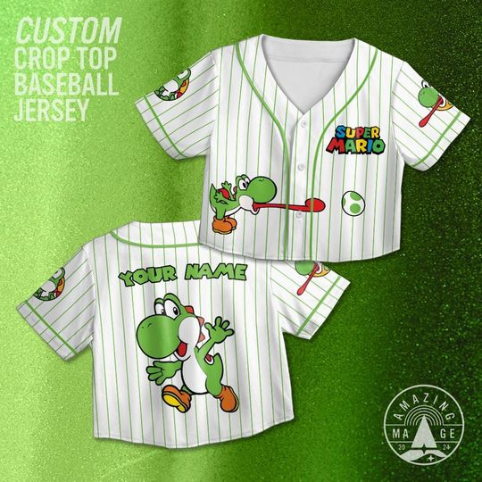 Custom Yoshi Crop Top Jersey, Nintendo Super Mario Baseball Jersey, Special Birthday Gift, Family Universal Trip Shirt, Gamer Gift For Her