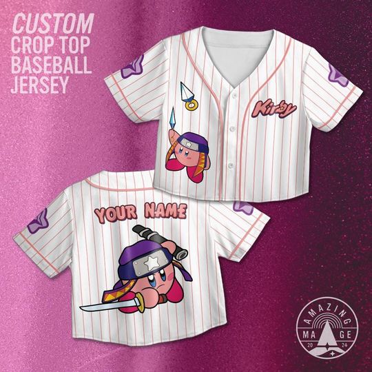 Discover Custom Ninja Kirby Crop Top Jersey , Nintendo Super Mario Baseball Jersey, Birthday Gift, Gamer Gift For Her, Trendy Pink Crop Top For Her