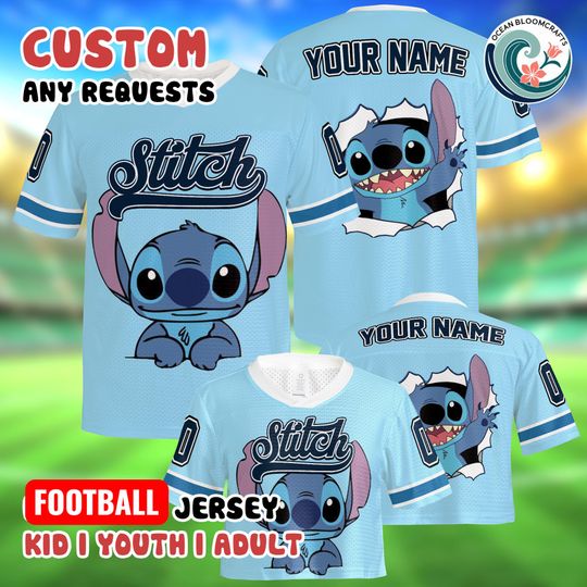 Discover Custom Stitch Mesh Football Jersey, Personalized Stitch Crop Top, Custom Name Number, Lilo and Stitch Shirt, Disney Family Trip, Ohana
