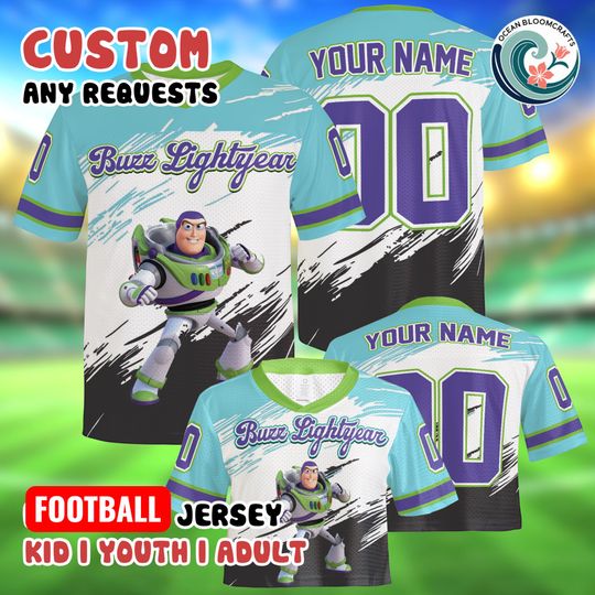 Discover Custom Buzz Lightyear Mesh Football Jersey, Personalized Toy Story Crop Top, Custom Name Number, Space Ranger Shirt, Disney Family Trip Gear