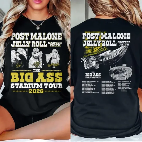 Discover Post Malone Jelly Roll Carter Faith Shirt Big Ass Stadium Tour 2026 T-Shirt