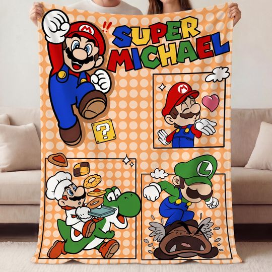 Personalized Super Mario Blanket Custom Kids Name Flannel Yoshi Luigi Gamer Boy Bedding Birthday Gift Video Game Room Decor