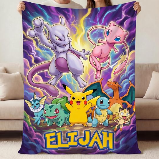 Custom PKM Blanket, Personalized Pika, Anime Boys Room Decor, Charizard Mewtwo Kids Bedding, Gamer Birthday Gift for Boy