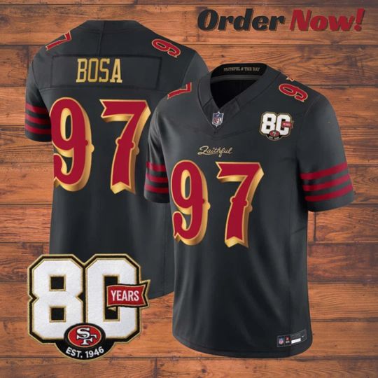 Nick Bosa #97 49ers Black 80th Anniversary Patch Football Jersey