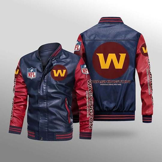 football Washington Commanders Navy Red Leather Varsity Jacket