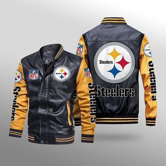 Discover football Pittsburgh Steeler Black Yellow Leather Varsity  Jacket