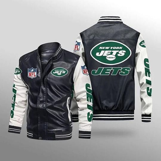 football New York Jets Black White Leather Varsity  Jacket