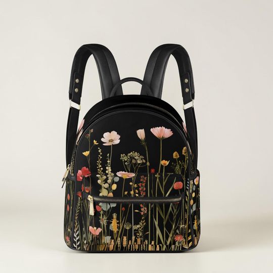 Midnight Bloom Floral Mini Backpack, Black PU Leather Small Travel Bag