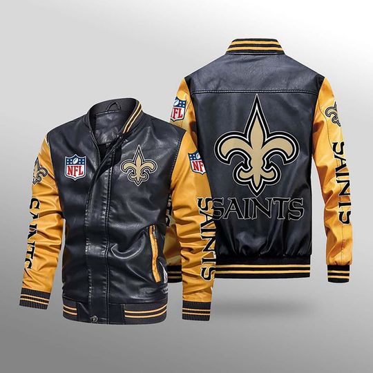 Discover football New Orleans Saints Black Yellow Leather Varsity Jacket