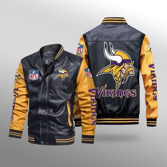 Discover football Minnesota Vikings Black Yellow Leather Varsity Jacket