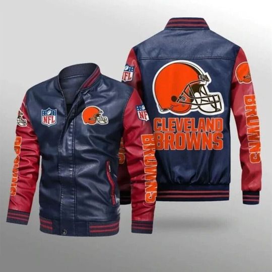 Discover football Cleveland Browns Navy Red Leather Varsity Jacket
