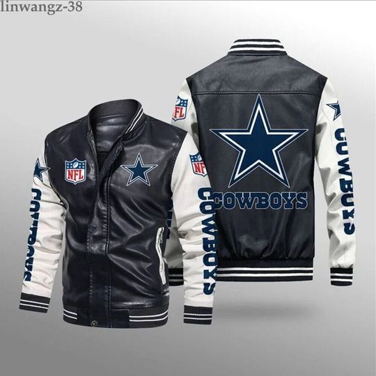 football Dallas Cowboys Black White Leather Varsity  Jacket