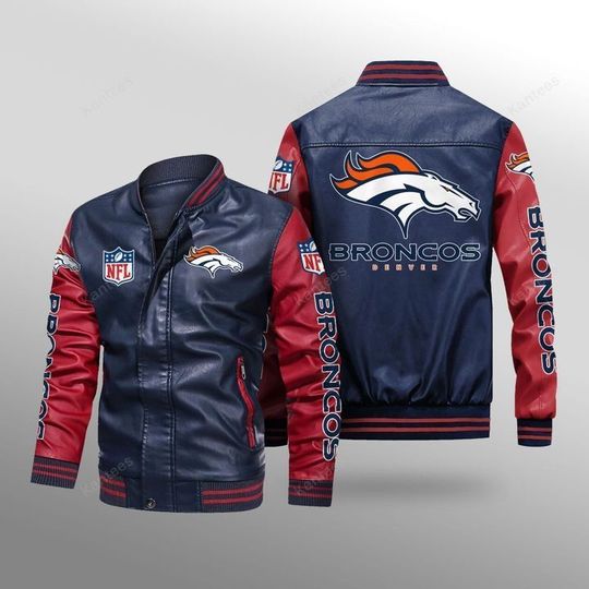 football Denver Broncos Navy Red Leather Varsity Jacket