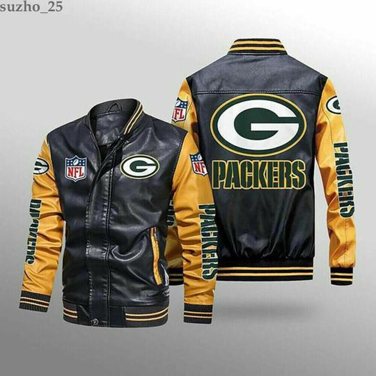 Discover football Green Bay Packers Black Yellow Leather Varsity Jacket