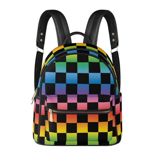 Rainbow Checkered Vegan Leather Backpack: Waterproof Rucksack