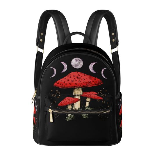 Mushroom Moon Phase Backpack: PU Leather Small Backpack Purse