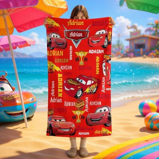 Discover Disneyland Cars Lightning McQueen Beach Towel, Pixar Cars Beach Towel, Custom Name Family Vacation Towel, Disneyland Family Matching Towel