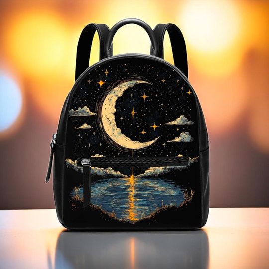 Discover Moonlit Reflection Mini Backpack: Vegan Leather Celestial Purse