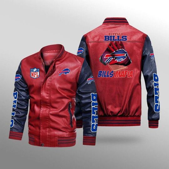 Discover football Buffalo Bills Red Navy Leather Varsity Jacket