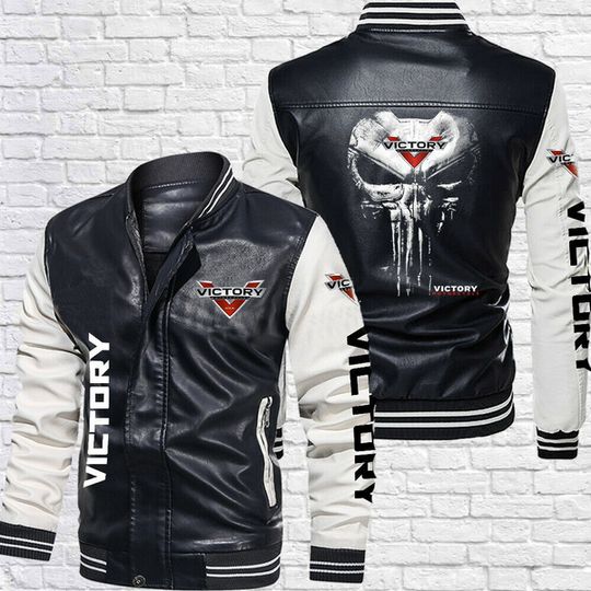 Victory Motorcycles Black White Leather Varsity Jacket