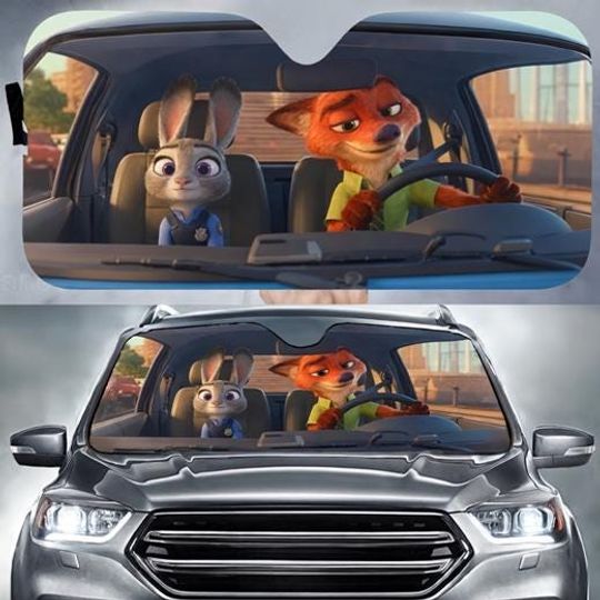 Zootopia Nick Wilde Judy Hopps Car Sunshade, Cartoon UV Heat Protector, Funny Fox Bunny Auto Front Window Cover, Cute Summer Car Accessory