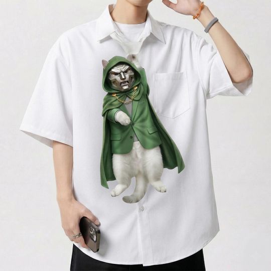 Custom Villain Cat Tie for Dad, Funny Metal Mask Cat Photo Necktie, Personalized Green Cape Hero Gift for Men, Unique Cat Dooom Accessory