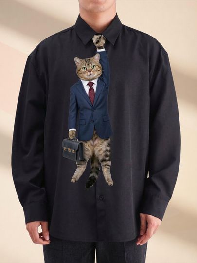 Funny Business Cat Necktie, Boss Cat Gag Gift, Cute CEO Cat Tie, Cat Lover Humor Accent, Whimsical Men's Accessory, Office Neckwear