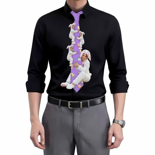 Custom Photo Tie for Dad, Personalized Easter Gift for Men, Funny Kids Photos Tie, Unique Fathers Day Gift, Custom Bunny Easter Necktie