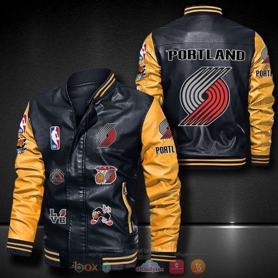 Discover NBA Portland Trail Blazers Black Yellow Logo Team Leather Varsity Jacket