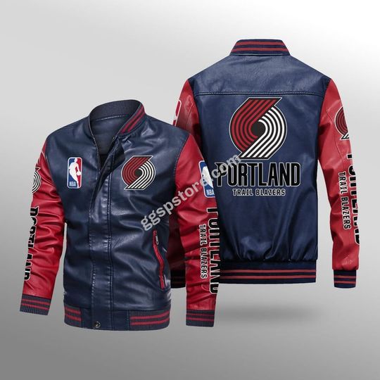 Discover NBA Portland Trail Blazers Navy Red Leather Varsity Jacket