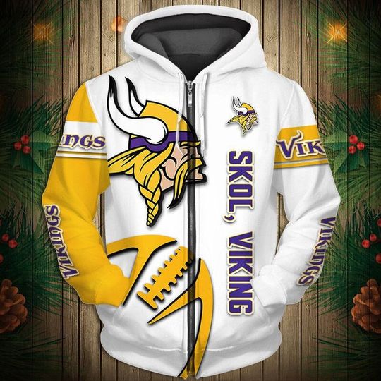 football Minnesota Vikings White Yellow Zip Up Hoodie
