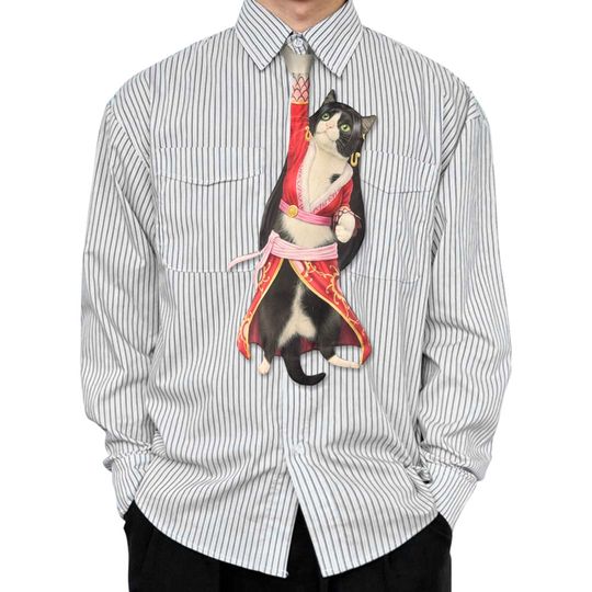 Striped Button Up Shirt with Anime Style Warrior Cat Print, Unisex Graphic Shirt, Asian Inspired Streetwear, Unique Gift for Cat Lovers