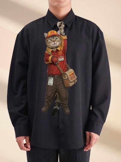 Funny Delivery Cat Necktie, Fast Food Worker Gag Gift, Courier Cat Uniform Tie, Unique Gift for Delivery Driver, Whimsical Men's Accessory