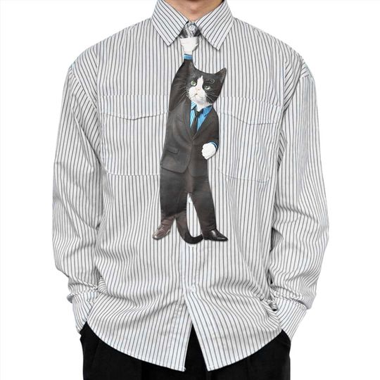 Discover Striped Button Up Shirt with Business Suit Cat Print, Unisex Graphic Shirt, Funny Office Style Streetwear, Unique Gift for Cat Lovers