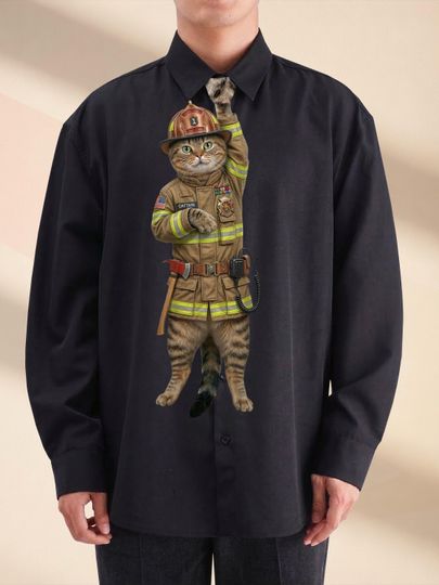Funny 911 Firefighter Cat Necktie, Unique Fire Rescue Gag Gift, Heroic Cat in Gear Tie, Whimsical Men's Accessory, Cat Lover Office Wear