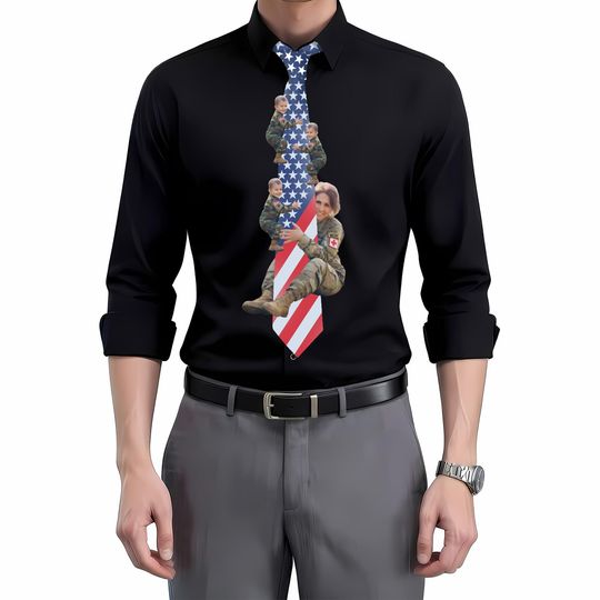 Custom Military Photo Tie for Dad, Personalized Army Mom Photo Necktie, Funny Veteran Gift for Men, Unique Patriotic Father's Day Gift