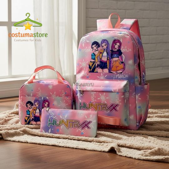 Anime Style K Pop Demon Hunters Backpack Set, K Pop School Bag for Girls, Rumi Mira Zoey Bag, 3pcs Set Gift for K Pop Fans