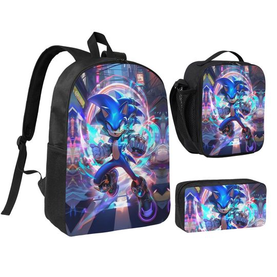 Sonic Video Game Backpack Set For Kids, Backpack Lunch Bag Pencil Case Set For Student, Back to School Gift